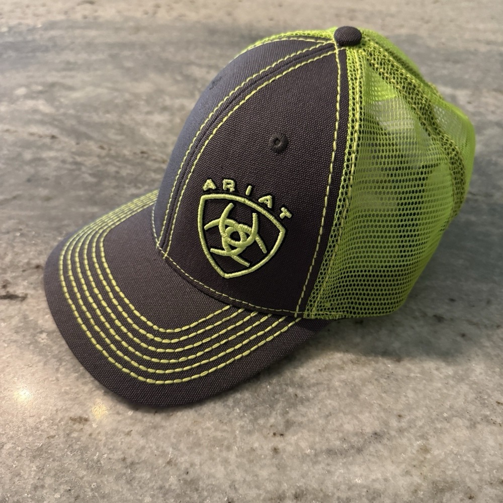 Ariat Adjustable Snapback Mesh Cap Hat Grey Neon Green Men One Size Trucker